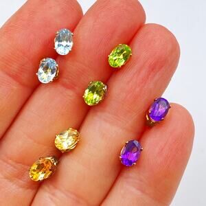 Lot of 4 Gemstone Stud Earrings Gold Vermeil 925 Amethyst Citrine Topaz Peridot